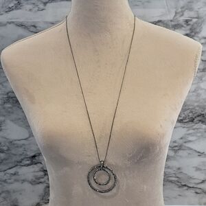 C1946 Tone/Gunmetal Long Necklace‎ Double Circle Pendant Faux Rhinestones